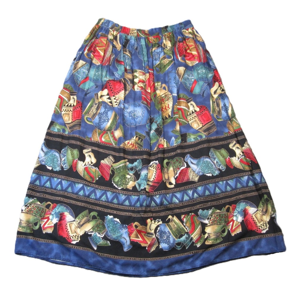 Vtg 80s 90s Midi Skirt M Blue Red Pull-on Clay Jars Vases Artsy Boho Italian